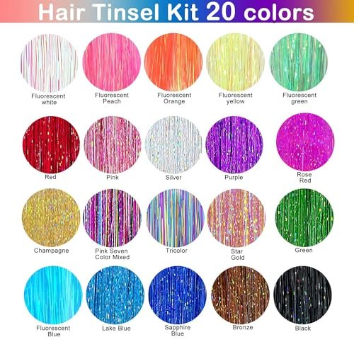 GTTUKK Hair Tinsel Kit - 48 Inch, 20 Colors, 6000 Strands - Heat Resistant Fairy Hair Extensions for Women & Girls Avelisse