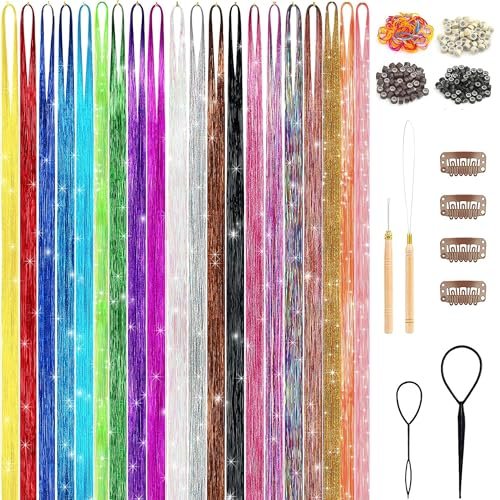 GTTUKK Hair Tinsel Kit - 48 Inch, 20 Colors, 6000 Strands - Heat Resistant Fairy Hair Extensions for Women & Girls Avelisse