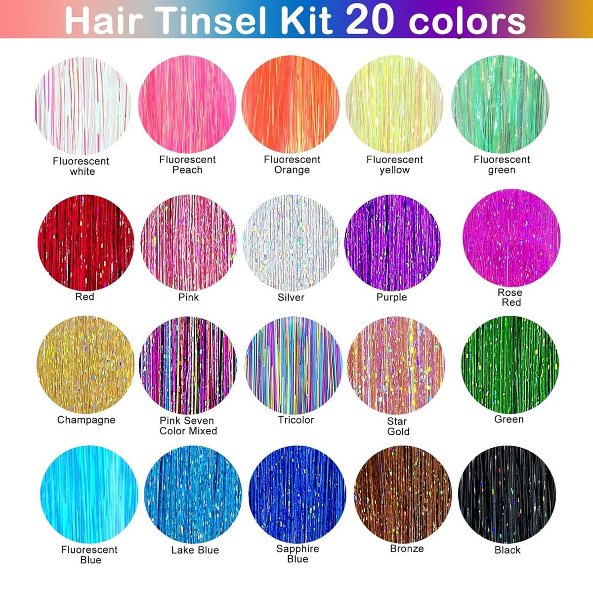 GTTUKK Hair Tinsel Kit - 48 Inch, 20 Colors, 6000 Strands - Heat Resistant Fairy Hair Extensions for Women & Girls Avelisse