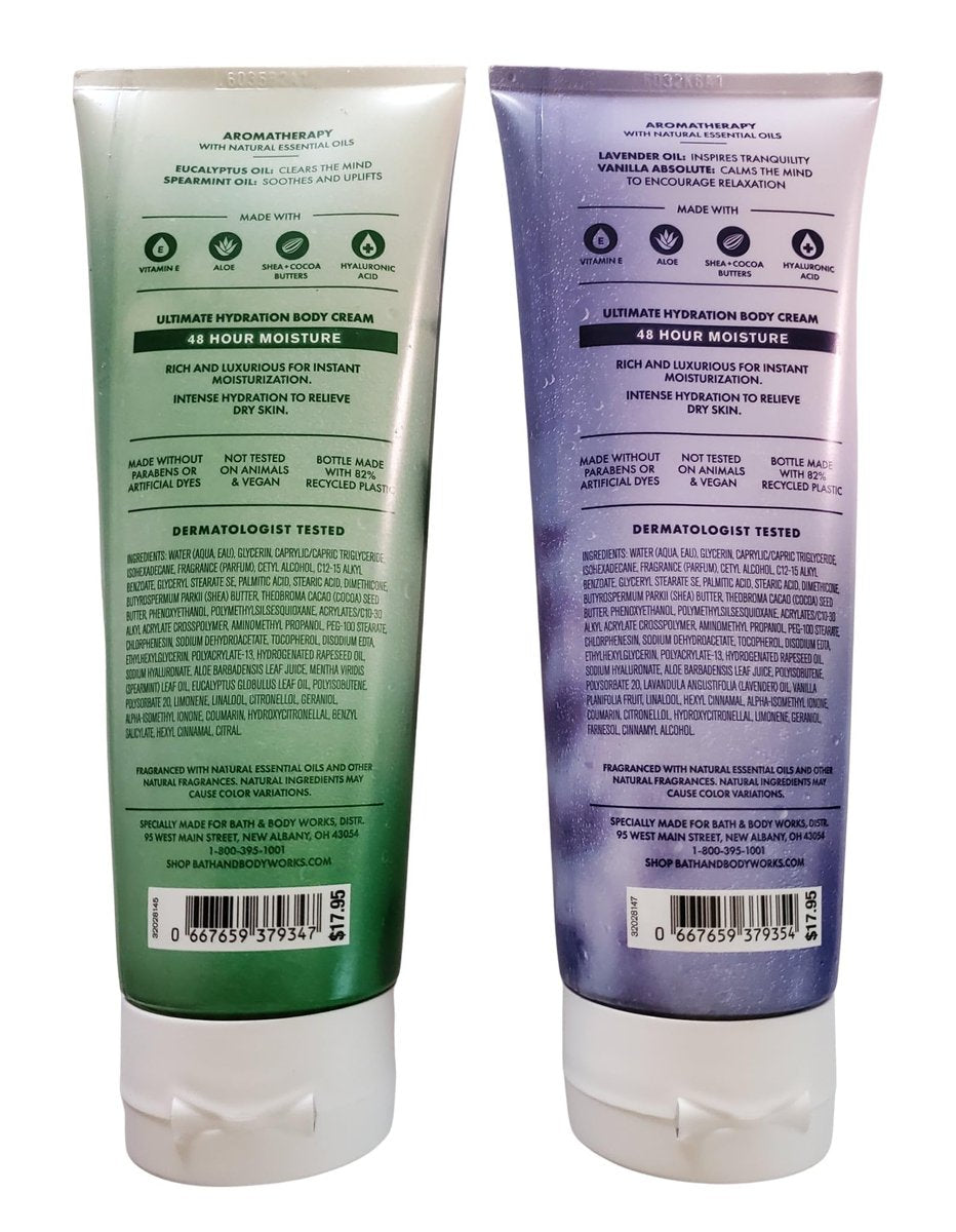 Bath & Body Works Aromatherapy Eucalyptus Spearmint & Lavender Vanilla Ultimate Hydration Body Cream 8 oz (Pack of 2) Avelisse