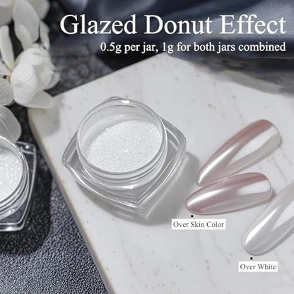 2 Jars White Clear Chrome Nail Powder Set - 1g Transparent Glass Mirror Effect & Aurora Pearl Chrome Powder for Nails, Glitter Pigment Acrylic Powder for Gel Polish Nail Art Design with 2 Tools