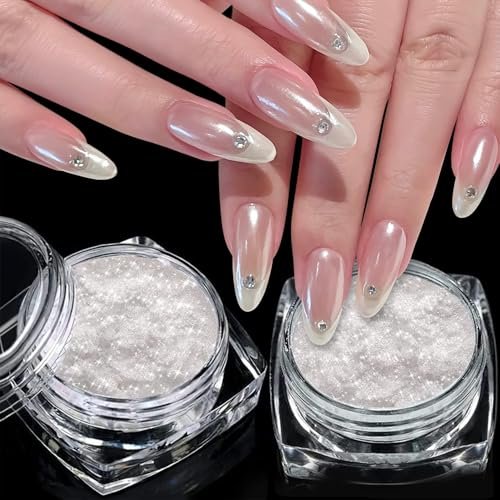 2 Jars White Clear Chrome Nail Powder Set - 1g Transparent Glass Mirror Effect & Aurora Pearl Chrome Powder for Nails, Glitter Pigment Acrylic Powder for Gel Polish Nail Art Design with 2 Tools - görsel 2