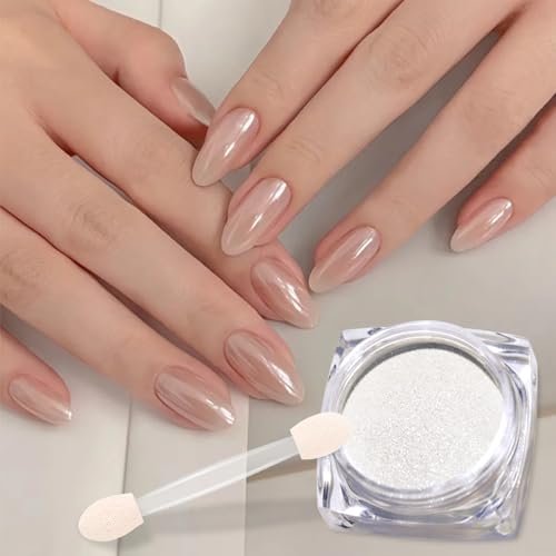 2 Jars White Clear Chrome Nail Powder Set - 1g Transparent Glass Mirror Effect & Aurora Pearl Chrome Powder for Nails, Glitter Pigment Acrylic Powder for Gel Polish Nail Art Design with 2 Tools - görsel 12