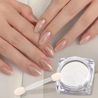 2 Jars White Clear Chrome Nail Powder Set - 1g Transparent Glass Mirror Effect & Aurora Pearl Chrome Powder for Nails, Glitter Pigment Acrylic Powder for Gel Polish Nail Art Design with 2 Tools