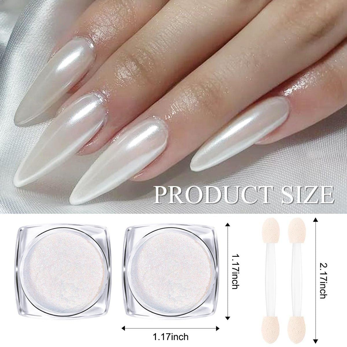 2 Jars White Clear Chrome Nail Powder Set - 1g Transparent Glass Mirror Effect & Aurora Pearl Chrome Powder for Nails, Glitter Pigment Acrylic Powder for Gel Polish Nail Art Design with 2 Tools - görsel 3