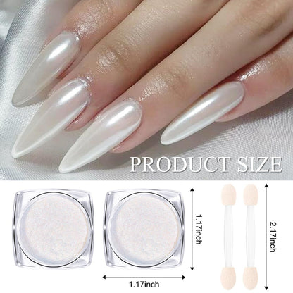 2 Jars White Clear Chrome Nail Powder Set - 1g Transparent Glass Mirror Effect & Aurora Pearl Chrome Powder for Nails, Glitter Pigment Acrylic Powder for Gel Polish Nail Art Design with 2 Tools