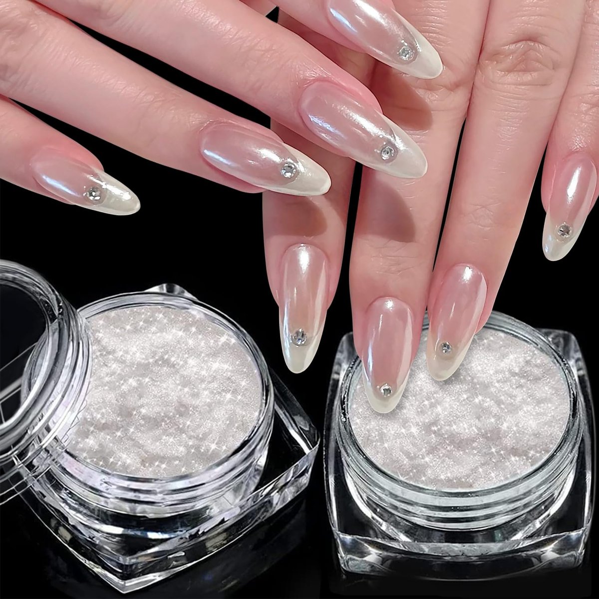2 Jars White Clear Chrome Nail Powder Set - 1g Transparent Glass Mirror Effect & Aurora Pearl Chrome Powder for Nails, Glitter Pigment Acrylic Powder for Gel Polish Nail Art Design with 2 Tools - görsel 1