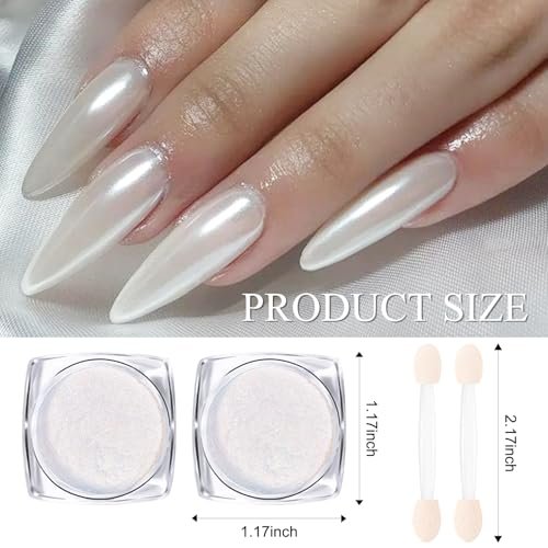 2 Jars White Clear Chrome Nail Powder Set - 1g Transparent Glass Mirror Effect & Aurora Pearl Chrome Powder for Nails, Glitter Pigment Acrylic Powder for Gel Polish Nail Art Design with 2 Tools - görsel 4