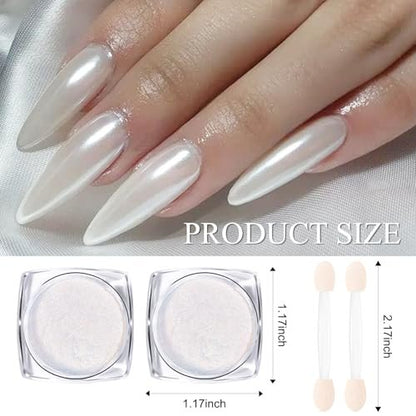 2 Jars White Clear Chrome Nail Powder Set - 1g Transparent Glass Mirror Effect & Aurora Pearl Chrome Powder for Nails, Glitter Pigment Acrylic Powder for Gel Polish Nail Art Design with 2 Tools
