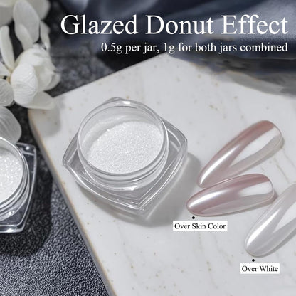 2 Jars White Clear Chrome Nail Powder Set - 1g Transparent Glass Mirror Effect & Aurora Pearl Chrome Powder for Nails, Glitter Pigment Acrylic Powder for Gel Polish Nail Art Design with 2 Tools