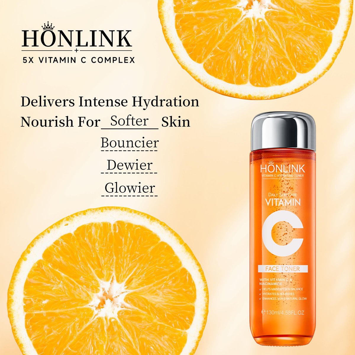 Vitamin C Face Toner 130ml – HONLINK 5X Vitamin C Complex with Niacinamide & Hyaluronic Acid, Hydrating & Balancing Daily Skincare Toner Avelisse
