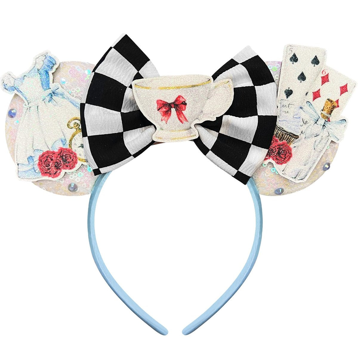 Bolonar Checkered Mouse Ears Headband for Women – Princess Hairband with Beads & Sequin Ears - görsel 2