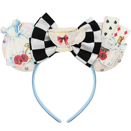 Bolonar Checkered Mouse Ears Headband for Women – Princess Hairband with Beads & Sequin Ears