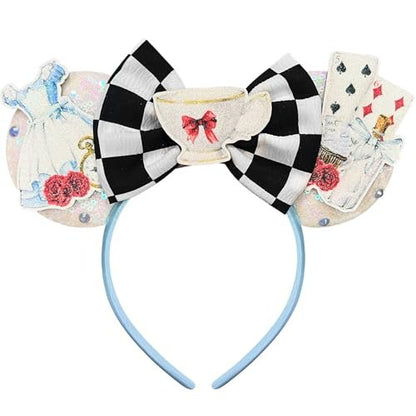 Bolonar Checkered Mouse Ears Headband for Women – Princess Hairband with Beads & Sequin Ears