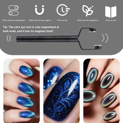 3 in 1 Cat Eye Magnet for Nails - Y-Shaped Double Head Stainless Steel Nail Art Magnet Tool for Cateye Gel Polish, Home DIY Salon Studio (Black)