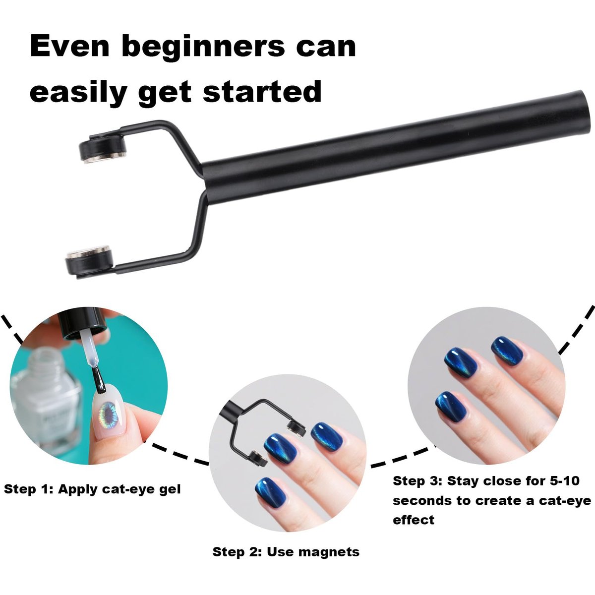 3 in 1 Cat Eye Magnet for Nails - Y-Shaped Double Head Stainless Steel Nail Art Magnet Tool for Cateye Gel Polish, Home DIY Salon Studio (Black) - görsel 9