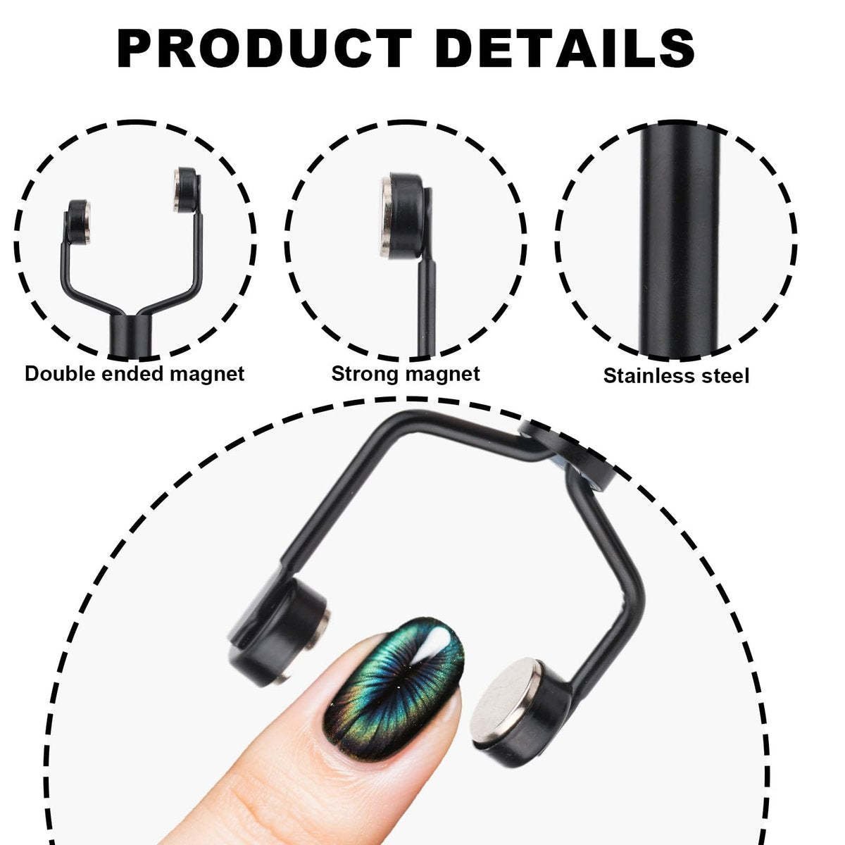 3 in 1 Cat Eye Magnet for Nails - Y-Shaped Double Head Stainless Steel Nail Art Magnet Tool for Cateye Gel Polish, Home DIY Salon Studio (Black) - görsel 5