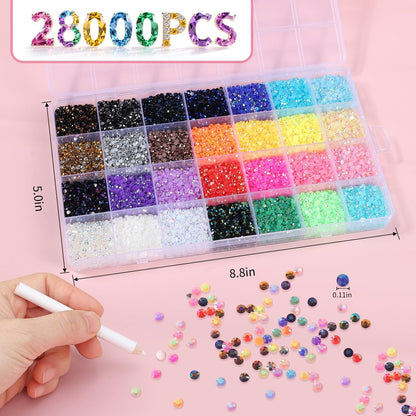 28000 Pcs Nail Art Rhinestones - 28 Colors 3mm Flat-Bottom Round Resin Crystals for DIY Nails & Crafts Avelisse
