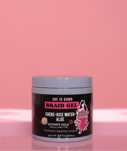 She Is Bomb Braid Gel with Chebe, Rice Water and Aloe - Ultimate Hold Hair Growth Formula, 16.9 fl oz