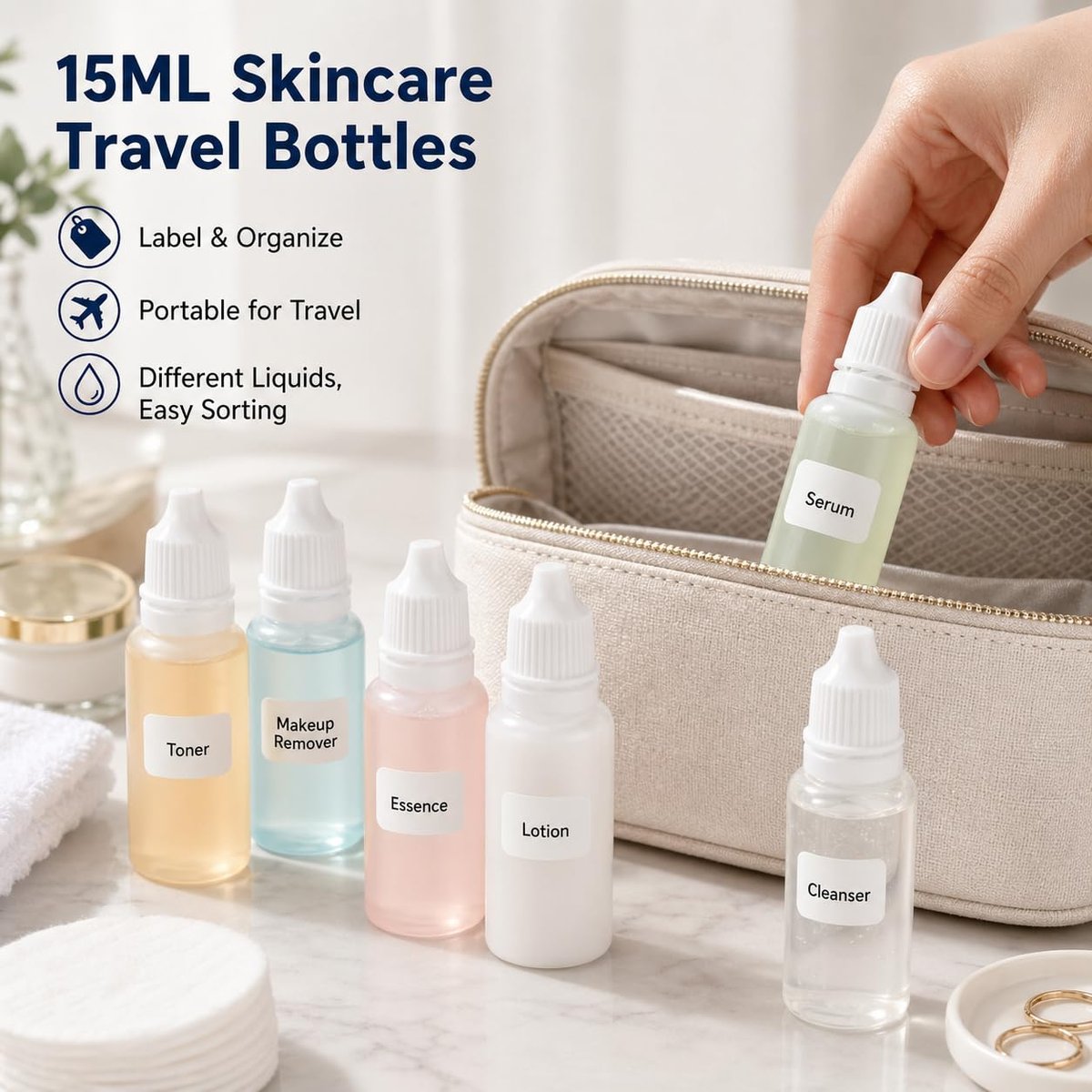 5 Pack 15ml (0.5oz) Small Plastic Dropper Bottles - Empty White Eye Liquid Dropper Bottles, Squeezable & Portable Travel Containers with Cap and Plug + Funnel - görsel 3