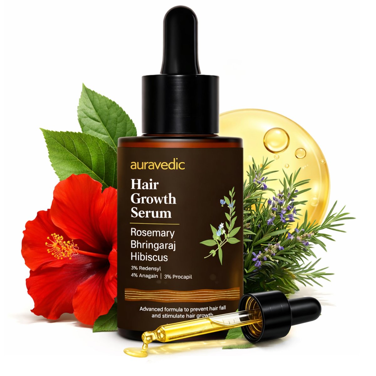 Auravedic Hair Growth Serum with 3% Redensyl & 4% Anagain | Nourishes Roots, Reduces Breakage & Supports Fuller Looking Hair | Rosemary, Bhringraj, Hibiscus | 1.01 Fl Oz (30ml) - görsel 1
