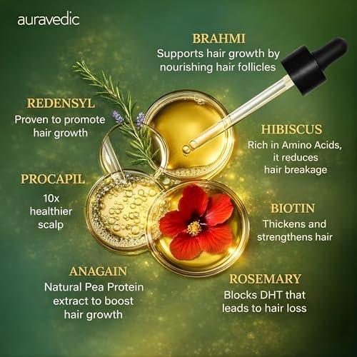 Auravedic Hair Growth Serum with 3% Redensyl & 4% Anagain | Nourishes Roots, Reduces Breakage & Supports Fuller Looking Hair | Rosemary, Bhringraj, Hibiscus | 1.01 Fl Oz (30ml) - görsel 10
