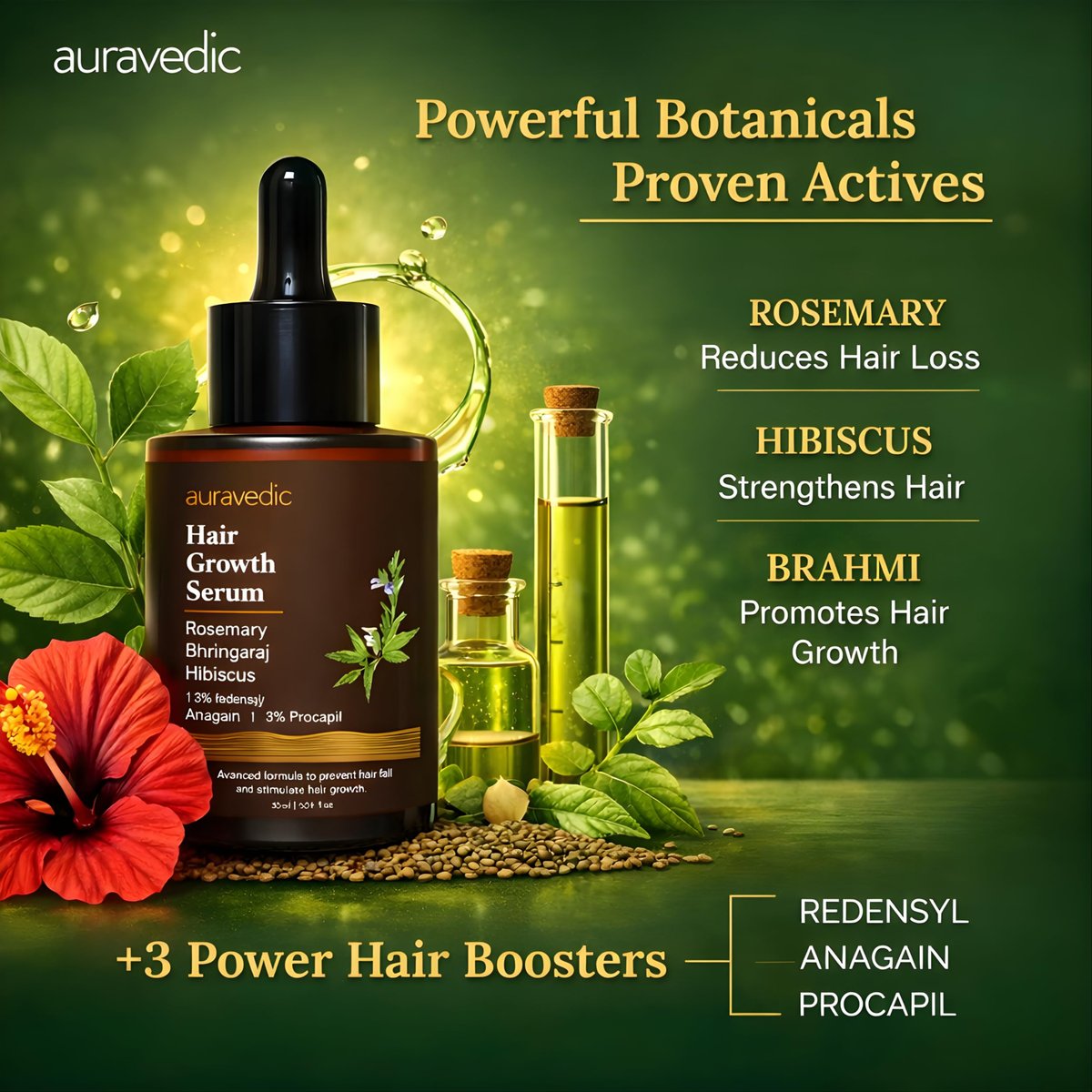 Auravedic Hair Growth Serum with 3% Redensyl & 4% Anagain | Nourishes Roots, Reduces Breakage & Supports Fuller Looking Hair | Rosemary, Bhringraj, Hibiscus | 1.01 Fl Oz (30ml) - görsel 5