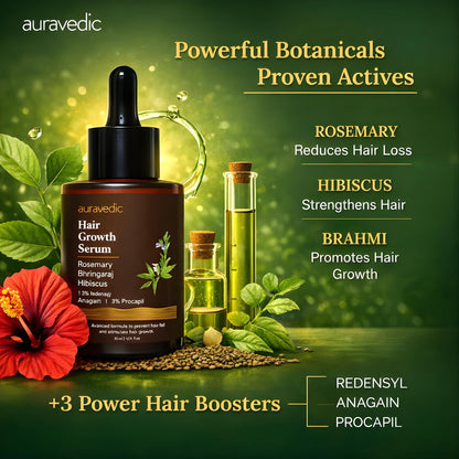 Auravedic Hair Growth Serum with 3% Redensyl & 4% Anagain | Nourishes Roots, Reduces Breakage & Supports Fuller Looking Hair | Rosemary, Bhringraj, Hibiscus | 1.01 Fl Oz (30ml)