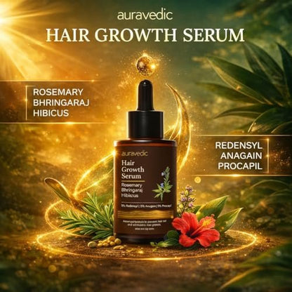 Auravedic Hair Growth Serum with 3% Redensyl & 4% Anagain | Nourishes Roots, Reduces Breakage & Supports Fuller Looking Hair | Rosemary, Bhringraj, Hibiscus | 1.01 Fl Oz (30ml)