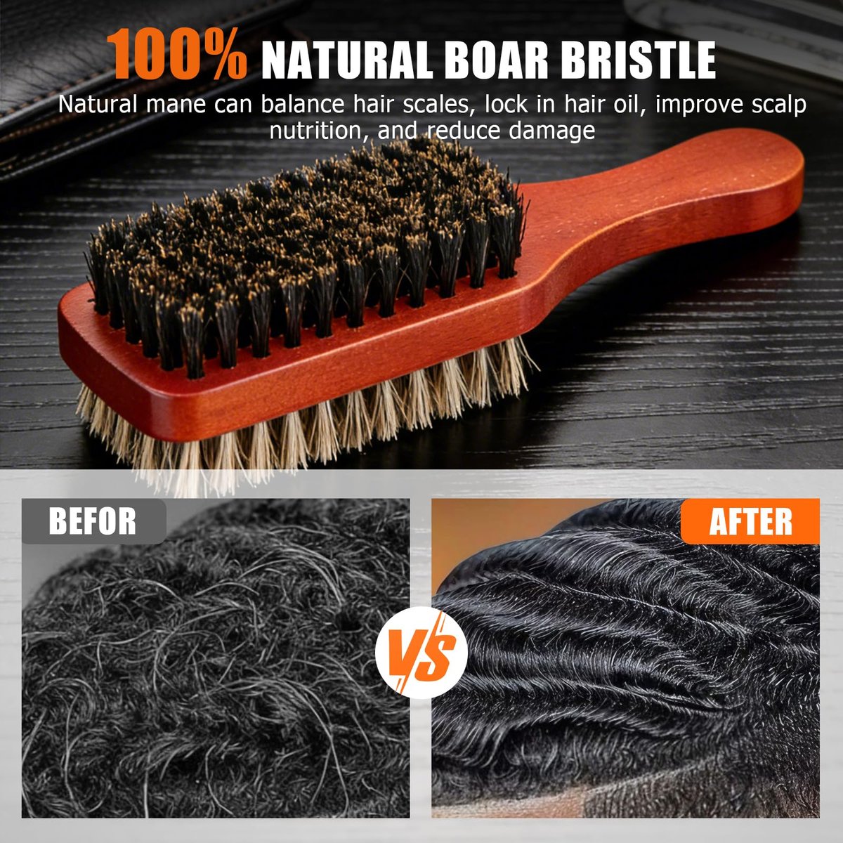 Men Wave Club Brush - 100% Natural Boar Bristle Hair Brush, 2-Sided Soft & Hard for Thick Coarse Hair, Detangling & Smoothing Avelisse