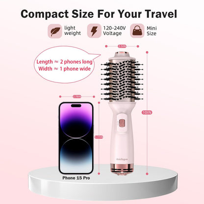 Ariellagou Dual Voltage Travel Hair Dryer Brush - Mini Hot Air Brush with European Plug, One Step Blow Dryer and Styler Volumizer for Home and Salon Use (Pink) Avelisse