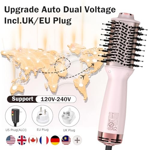 Ariellagou Dual Voltage Travel Hair Dryer Brush - Mini Hot Air Brush with European Plug, One Step Blow Dryer and Styler Volumizer for Home and Salon Use (Pink) Avelisse