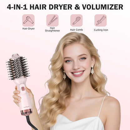 Ariellagou Dual Voltage Travel Hair Dryer Brush - Mini Hot Air Brush with European Plug, One Step Blow Dryer and Styler Volumizer for Home and Salon Use (Pink) Avelisse
