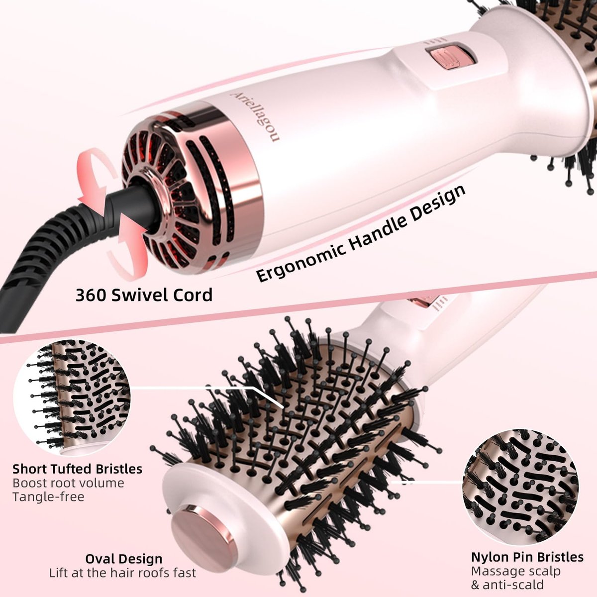 Ariellagou Dual Voltage Travel Hair Dryer Brush - Mini Hot Air Brush with European Plug, One Step Blow Dryer and Styler Volumizer for Home and Salon Use (Pink) Avelisse