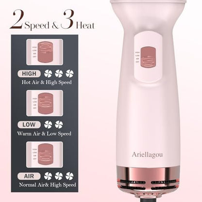 Ariellagou Dual Voltage Travel Hair Dryer Brush - Mini Hot Air Brush with European Plug, One Step Blow Dryer and Styler Volumizer for Home and Salon Use (Pink) Avelisse