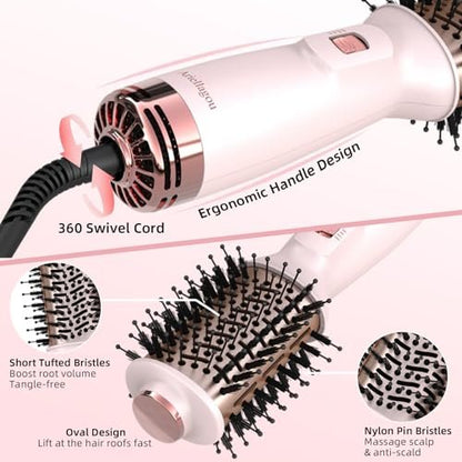 Ariellagou Dual Voltage Travel Hair Dryer Brush - Mini Hot Air Brush with European Plug, One Step Blow Dryer and Styler Volumizer for Home and Salon Use (Pink) Avelisse