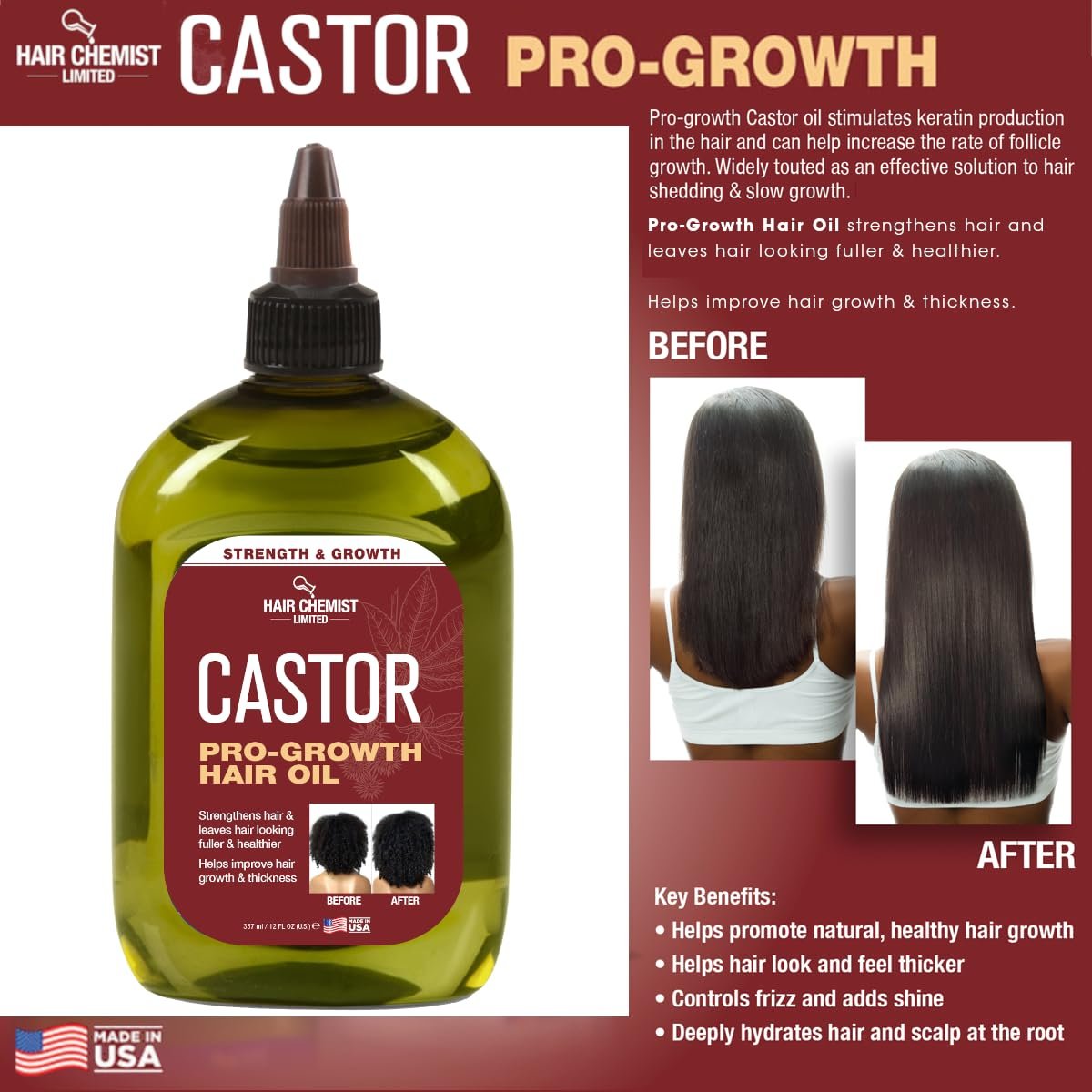 Hair Chemist Pro-Growth Natural Castor Hair Oil, 12 oz - Strengthening & Growth Stimulator Avelisse