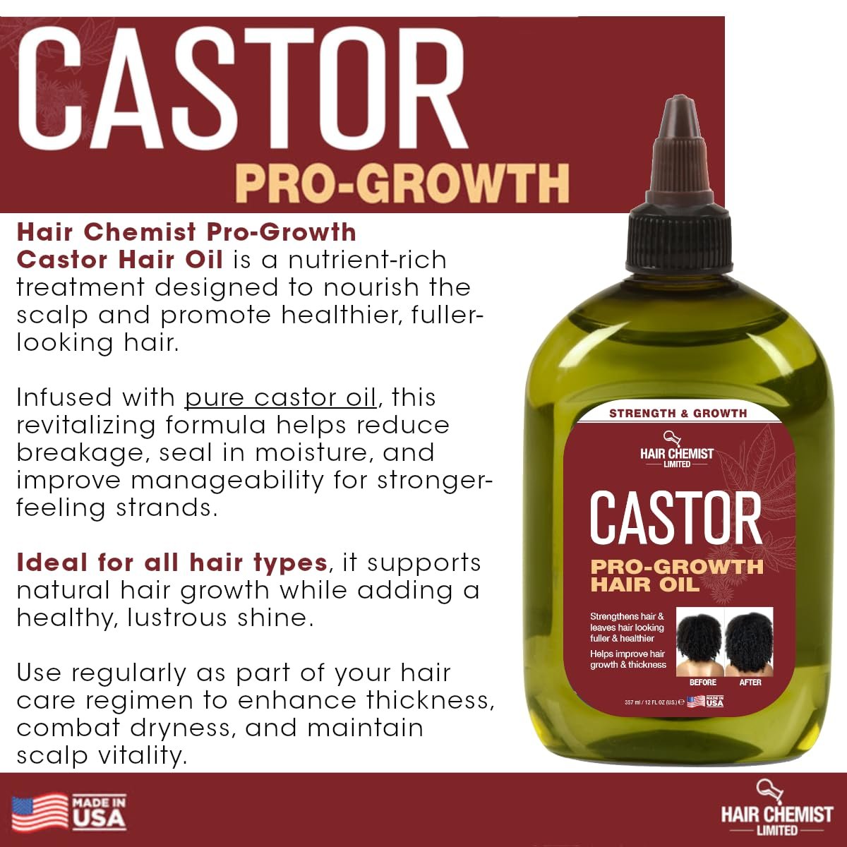 Hair Chemist Pro-Growth Natural Castor Hair Oil, 12 oz - Strengthening & Growth Stimulator Avelisse