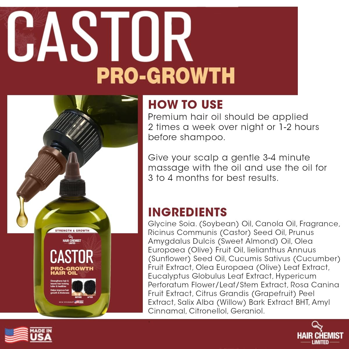 Hair Chemist Pro-Growth Natural Castor Hair Oil, 12 oz - Strengthening & Growth Stimulator Avelisse