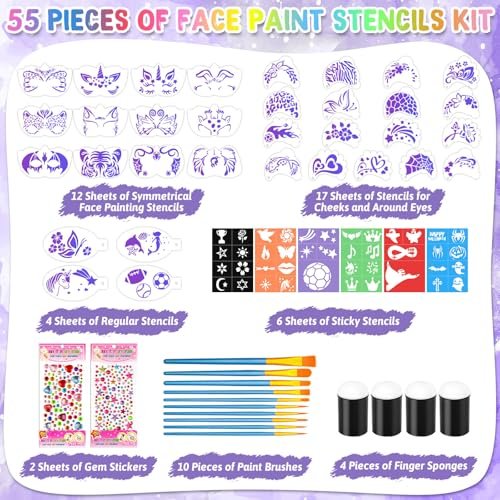 55-Piece Face Paint Stencils Kit – 33 Reusable Stencils, Tattoo Templates, Brushes, Gems & Sponges for Halloween, Festival & Party Makeup - görsel 4