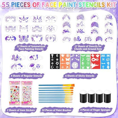 55-Piece Face Paint Stencils Kit – 33 Reusable Stencils, Tattoo Templates, Brushes, Gems & Sponges for Halloween, Festival & Party Makeup