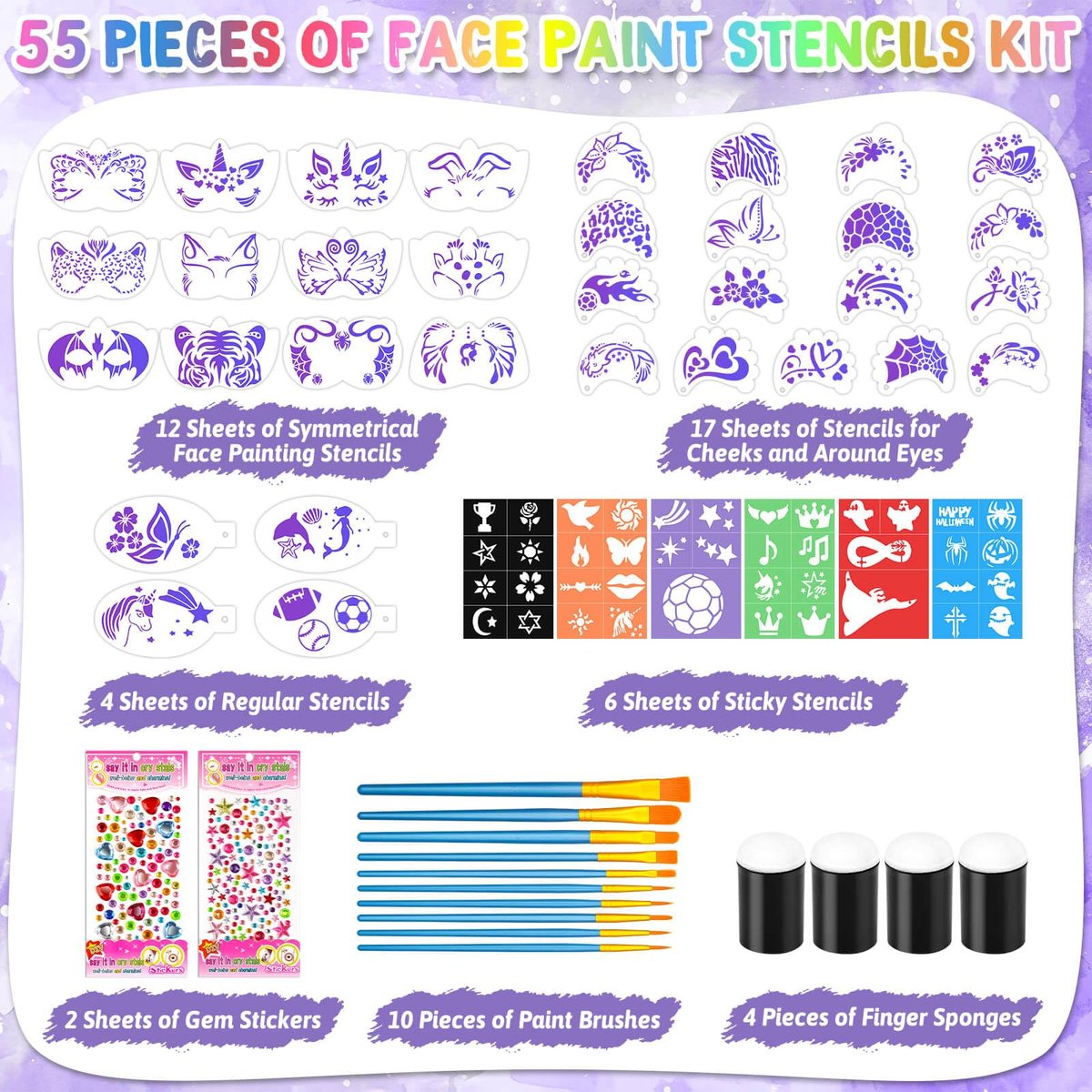 55-Piece Face Paint Stencils Kit – 33 Reusable Stencils, Tattoo Templates, Brushes, Gems & Sponges for Halloween, Festival & Party Makeup - görsel 3