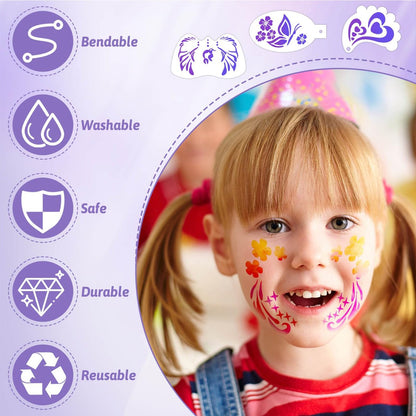 55-Piece Face Paint Stencils Kit – 33 Reusable Stencils, Tattoo Templates, Brushes, Gems & Sponges for Halloween, Festival & Party Makeup