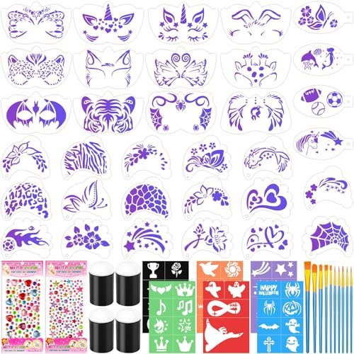 55-Piece Face Paint Stencils Kit – 33 Reusable Stencils, Tattoo Templates, Brushes, Gems & Sponges for Halloween, Festival & Party Makeup - görsel 2