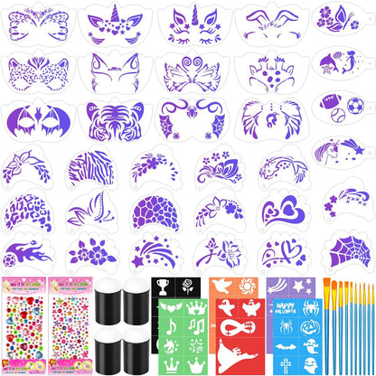 55-Piece Face Paint Stencils Kit – 33 Reusable Stencils, Tattoo Templates, Brushes, Gems & Sponges for Halloween, Festival & Party Makeup