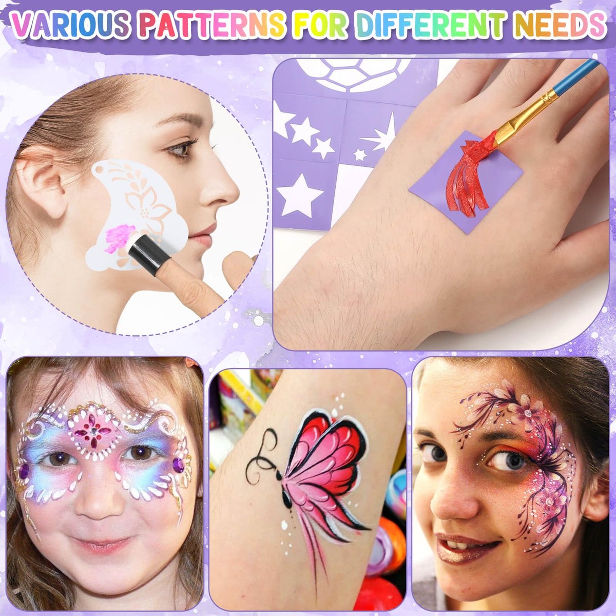 55-Piece Face Paint Stencils Kit – 33 Reusable Stencils, Tattoo Templates, Brushes, Gems & Sponges for Halloween, Festival & Party Makeup - görsel 9