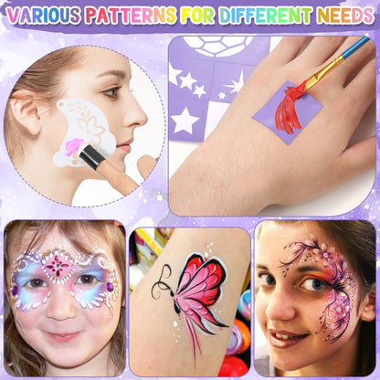 55-Piece Face Paint Stencils Kit – 33 Reusable Stencils, Tattoo Templates, Brushes, Gems & Sponges for Halloween, Festival & Party Makeup