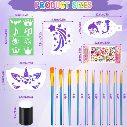 55-Piece Face Paint Stencils Kit – 33 Reusable Stencils, Tattoo Templates, Brushes, Gems & Sponges for Halloween, Festival & Party Makeup