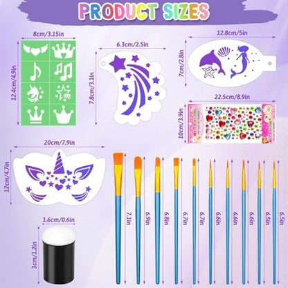 55-Piece Face Paint Stencils Kit – 33 Reusable Stencils, Tattoo Templates, Brushes, Gems & Sponges for Halloween, Festival & Party Makeup