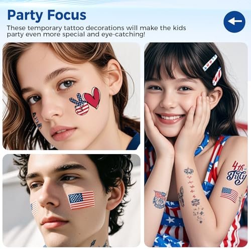 Awinmay 80 Pcs 4th of July Temporary Tattoos - American Flag Red White and Blue Tattoos for Kids, Independence Day Party Favors, Memorial Day, Labor Day, USA Patriotic Decorations (10 Sheets) - görsel 8